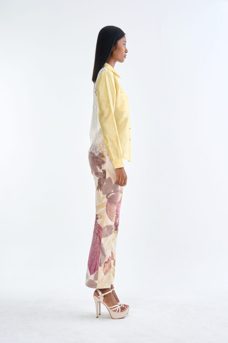 Pastel Yellow Long Sleeve Shirt & Leaf Print Pants Set