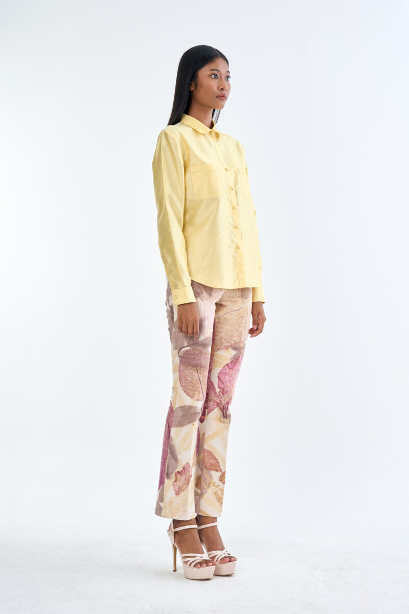 Pastel Yellow Long Sleeve Shirt & Leaf Print Pants Set