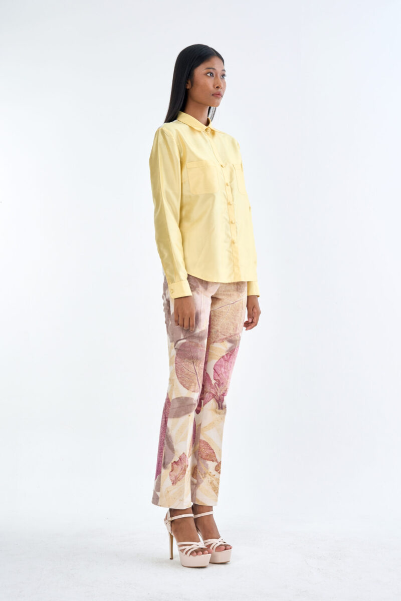 Pastel Yellow Long Sleeve Shirt & Leaf Print Pants Set