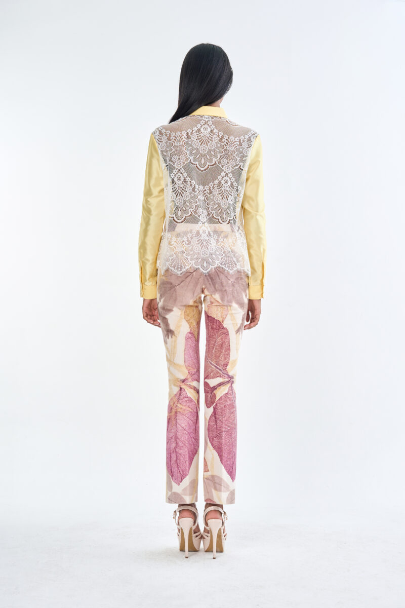 Pastel Yellow Long Sleeve Shirt & Leaf Print Pants Set
