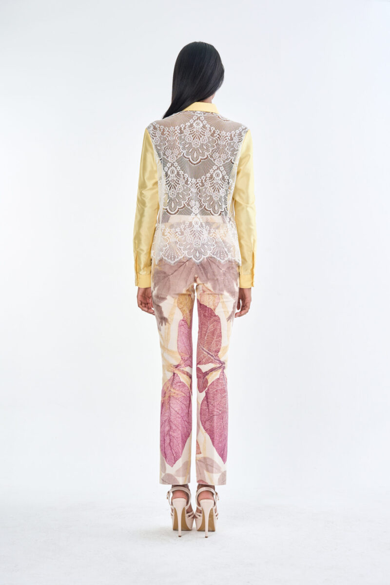 Pastel Yellow Long Sleeve Shirt & Leaf Print Pants Set