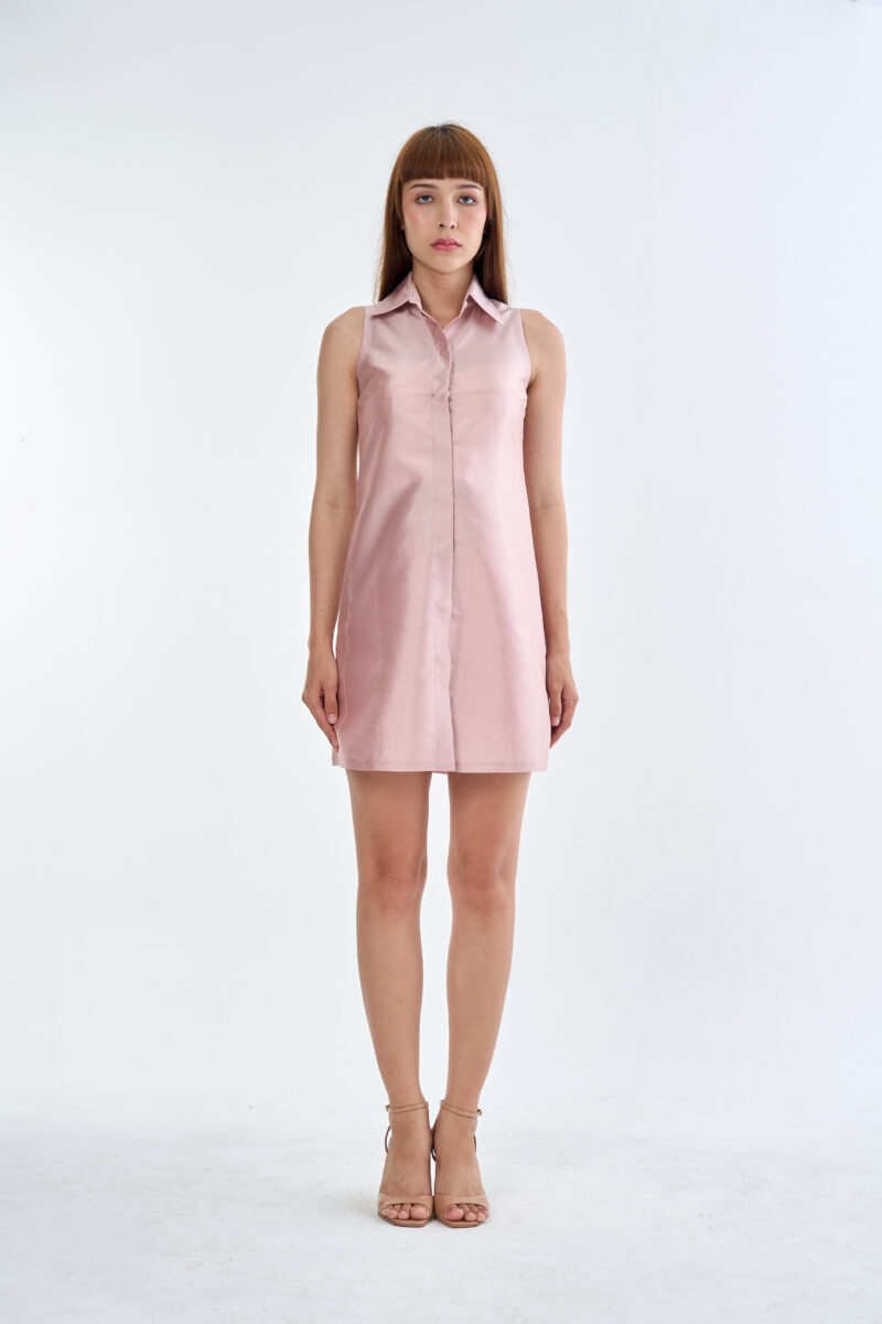 Pastel Pink Sleeveless Collar Shirt Dress