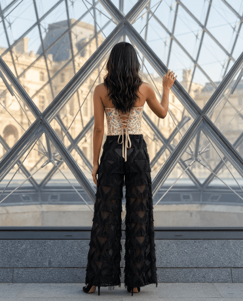 Paisley Garden Set — Corset Top & Fringe Wide-Leg Pants