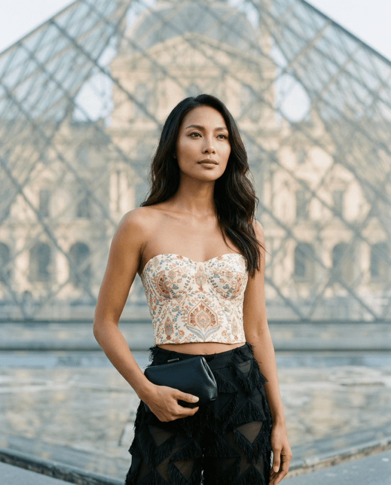 Paisley Garden Set — Corset Top & Fringe Wide-Leg Pants
