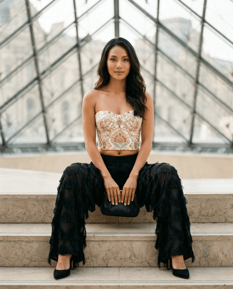 Paisley Garden Set — Corset Top & Fringe Wide-Leg Pants