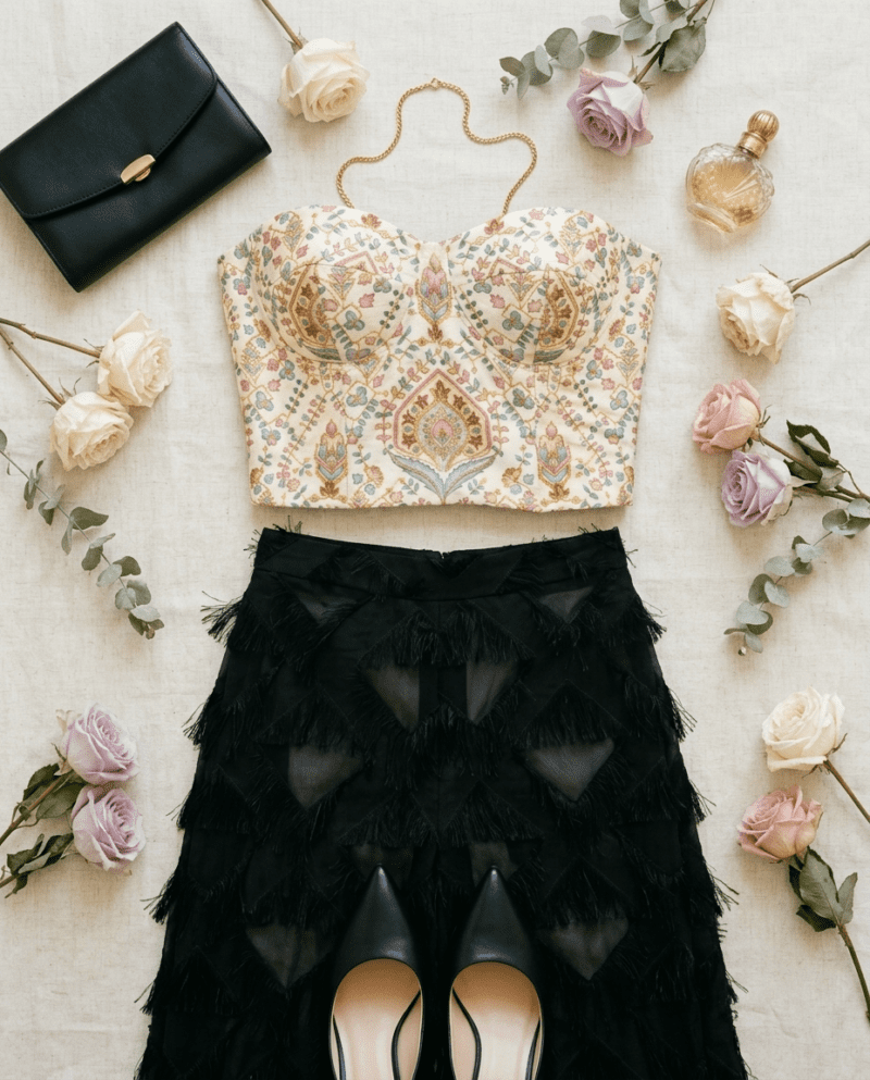 Paisley Garden Set — Corset Top & Fringe Wide-Leg Pants