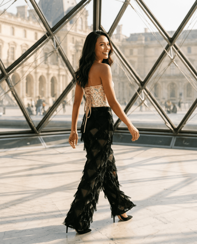 Paisley Garden Set — Corset Top & Fringe Wide-Leg Pants