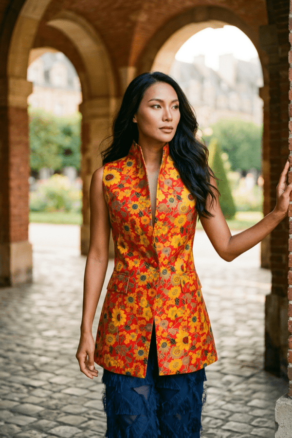 Sunflower Field Silk Set — Thai Silk Vest & Fringe Wide-Leg Pants