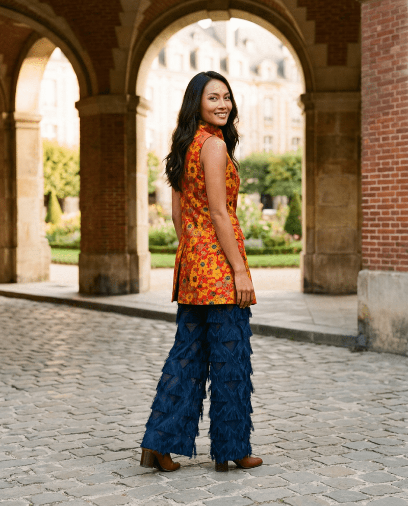 creation_2902334774 Sunflower Field Silk Set — Thai Silk Vest & Fringe Wide-Leg Pants