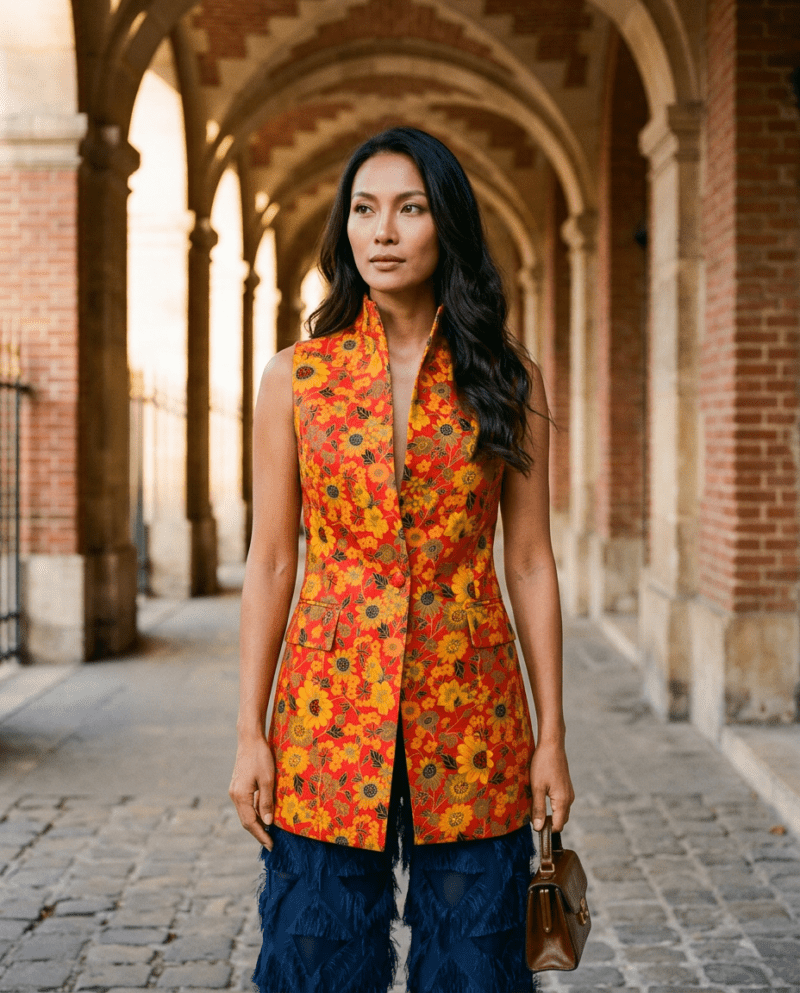 creation_2902821158 Sunflower Field Silk Set — Thai Silk Vest & Fringe Wide-Leg Pants