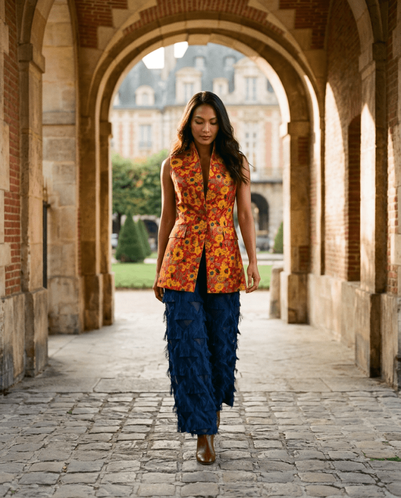 creation_2905856860 Sunflower Field Silk Set — Thai Silk Vest & Fringe Wide-Leg Pants