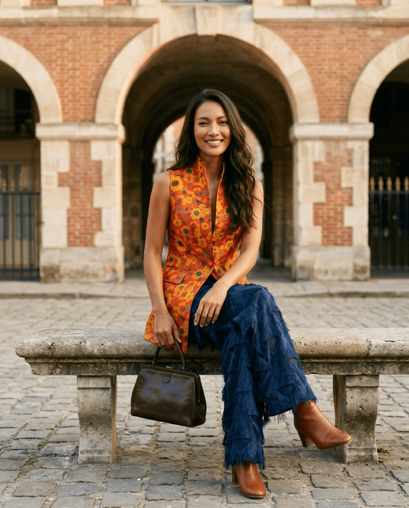 creation_2905863233 Sunflower Field Silk Set — Thai Silk Vest & Fringe Wide-Leg Pants