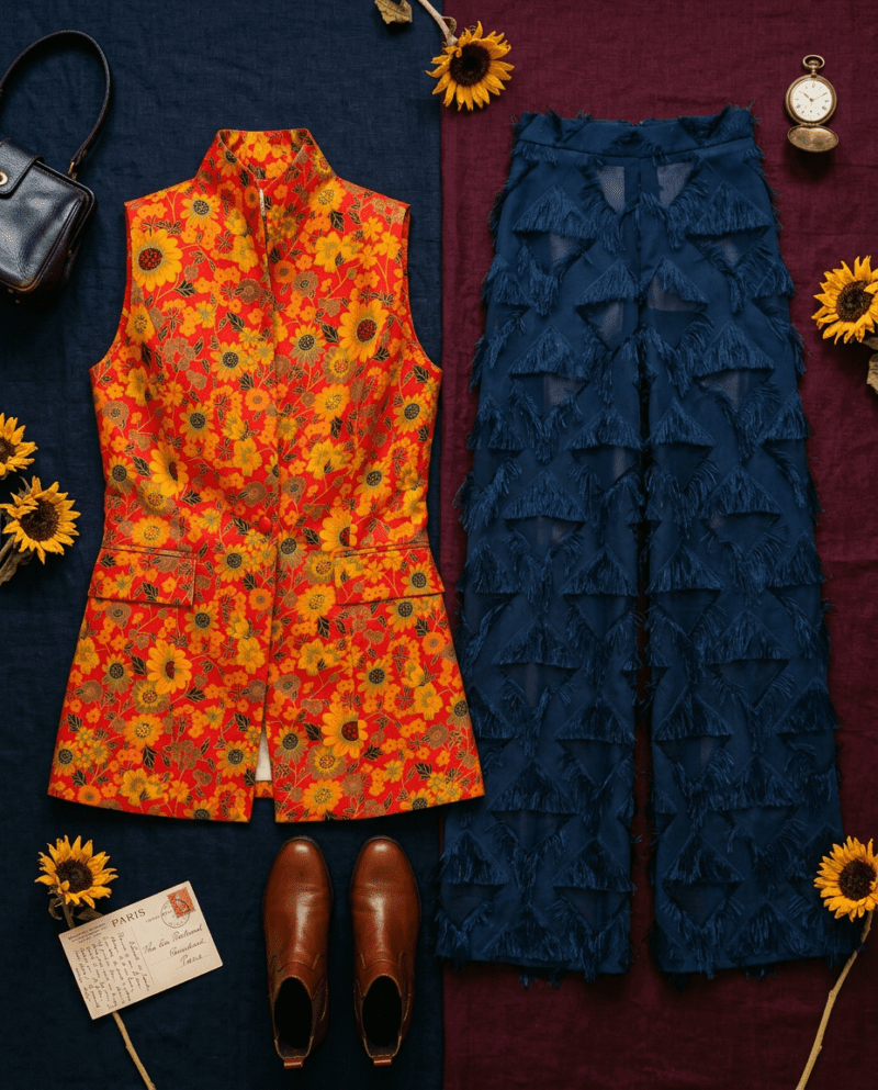 creation_2905907131 Sunflower Field Silk Set — Thai Silk Vest & Fringe Wide-Leg Pants