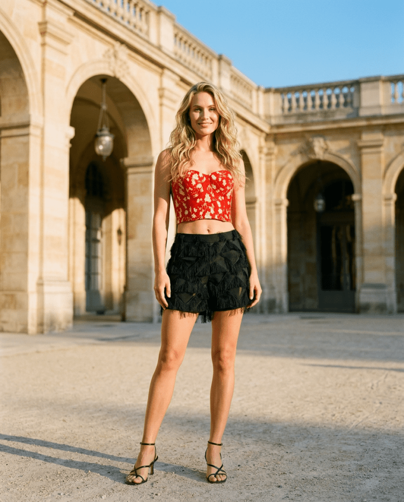 creation_2950956680 Red Blossom Velvet Set — Corset Top & Black Fringe Shorts