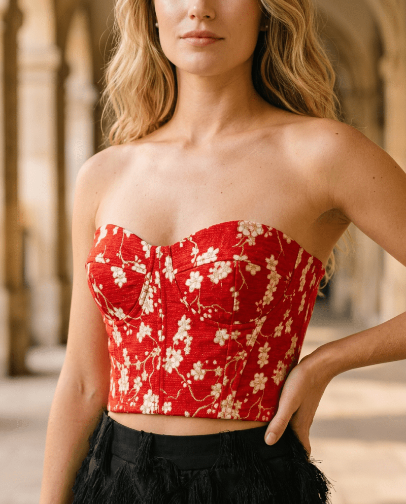 creation_2951053088 Red Blossom Velvet Set — Corset Top & Black Fringe Shorts