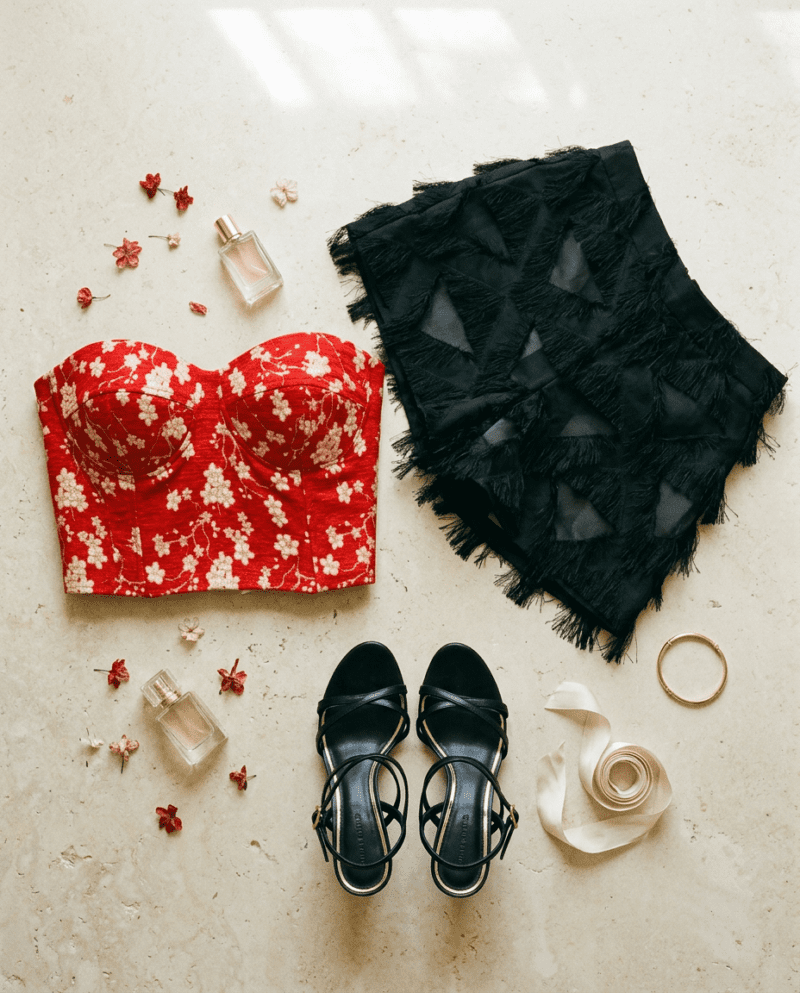 creation_2951121618 Red Blossom Velvet Set — Corset Top & Black Fringe Shorts