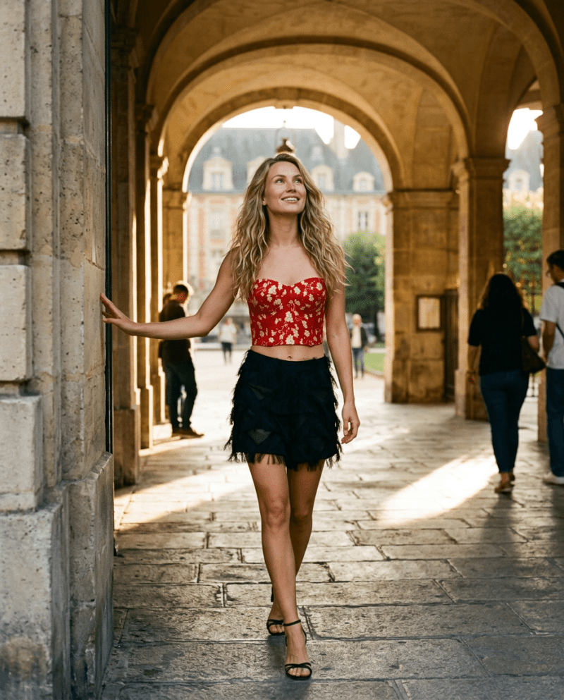 creation_2951153008 Red Blossom Velvet Set — Corset Top & Black Fringe Shorts