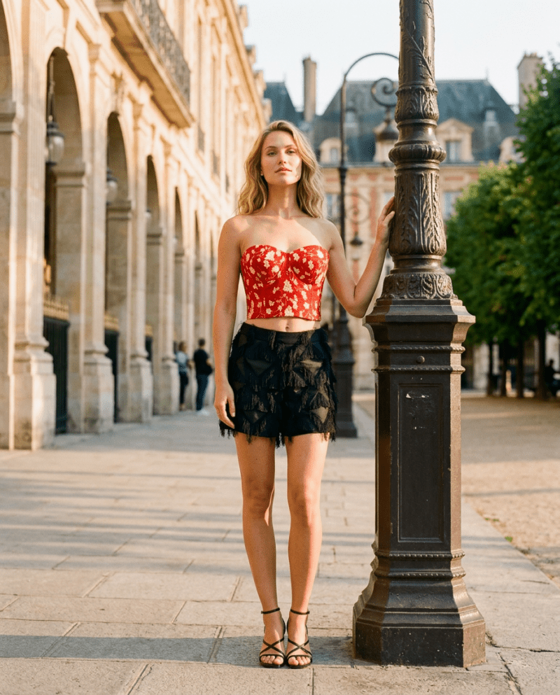 creation_2951183697 Red Blossom Velvet Set — Corset Top & Black Fringe Shorts
