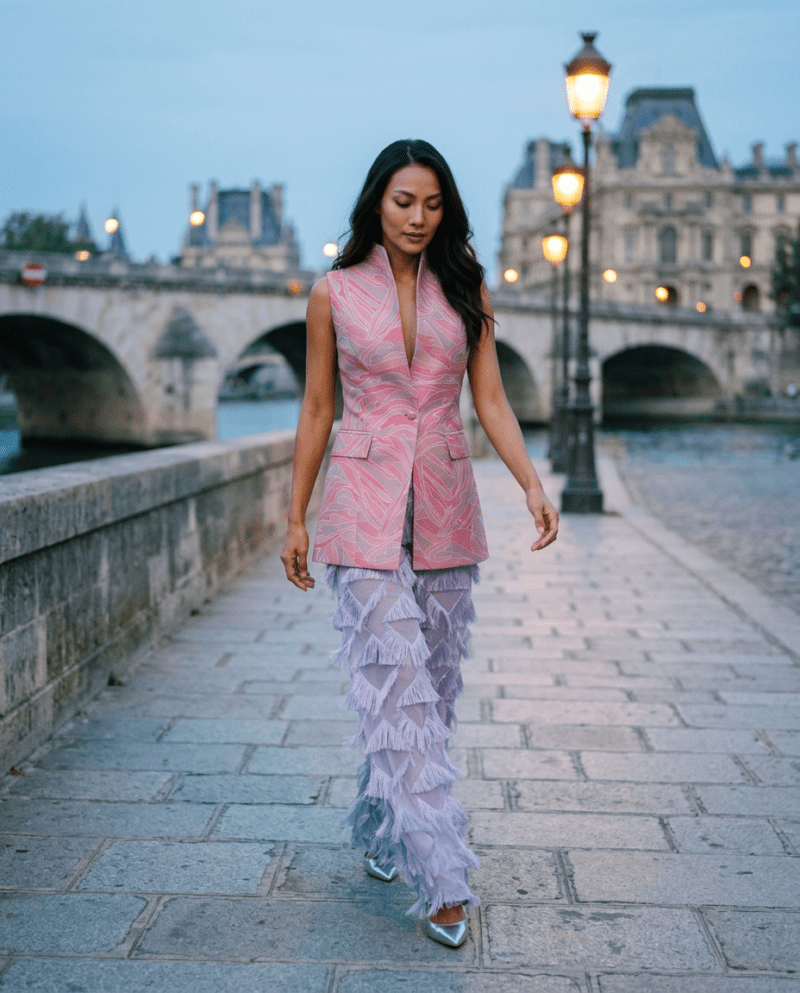 magnific_fashion-editorial-photogr_2896571330 Rose Wave Silk Set — Thai Silk Vest & Fringe Wide-Leg Pants