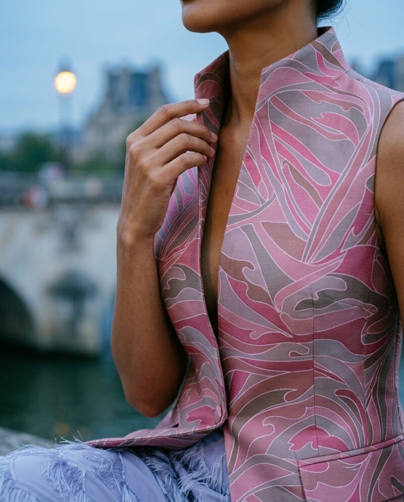 magnific_fashion-editorial-photogr_2896787083 Rose Wave Silk Set — Thai Silk Vest & Fringe Wide-Leg Pants