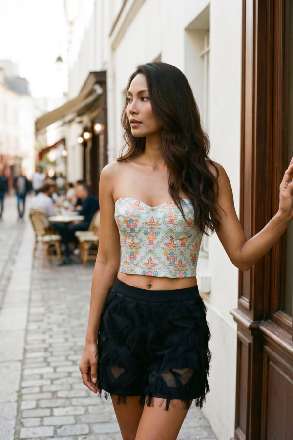 Mint Bloom Set — Corset Top & Black Fringe Shorts