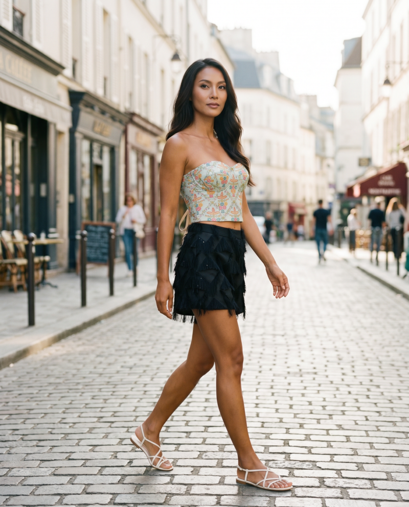 magnific_fashion-editorial-photogr_2937938075 Mint Bloom Set — Corset Top & Black Fringe Shorts