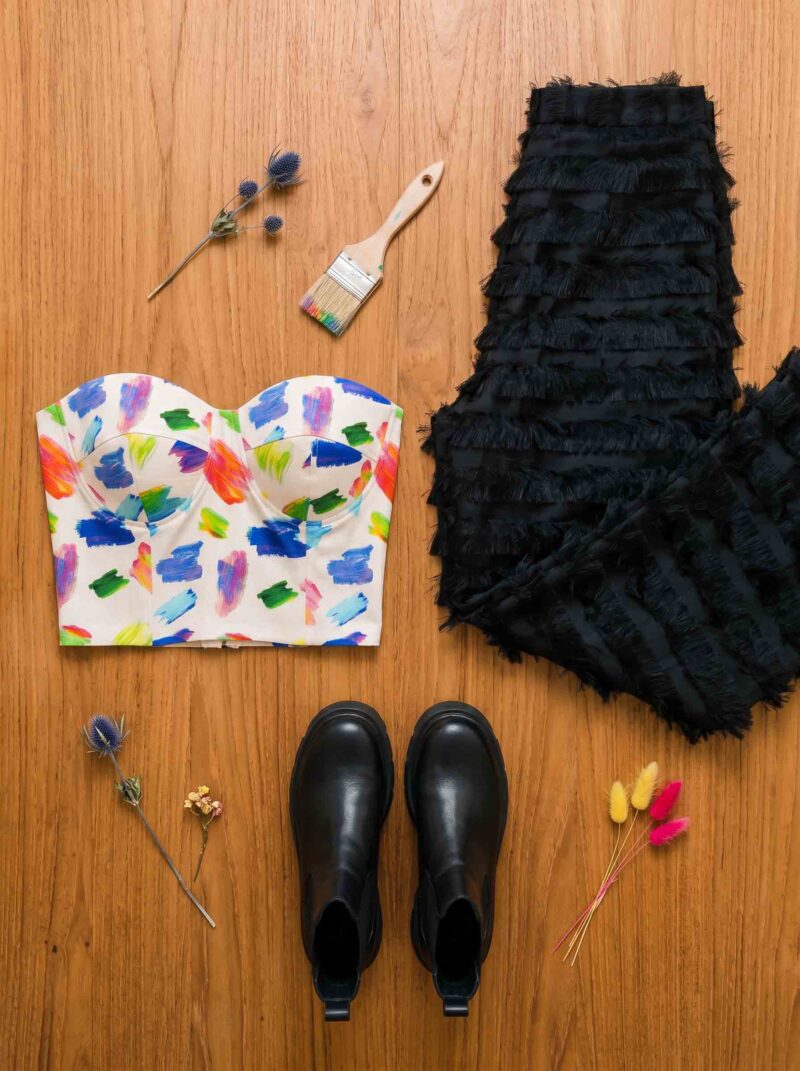 magnific_referenceinstruction-flat_tfiZG3kmZJ Brushstroke Bloom Set — Corset Top & Noir Ruffle Wide-Leg Pants