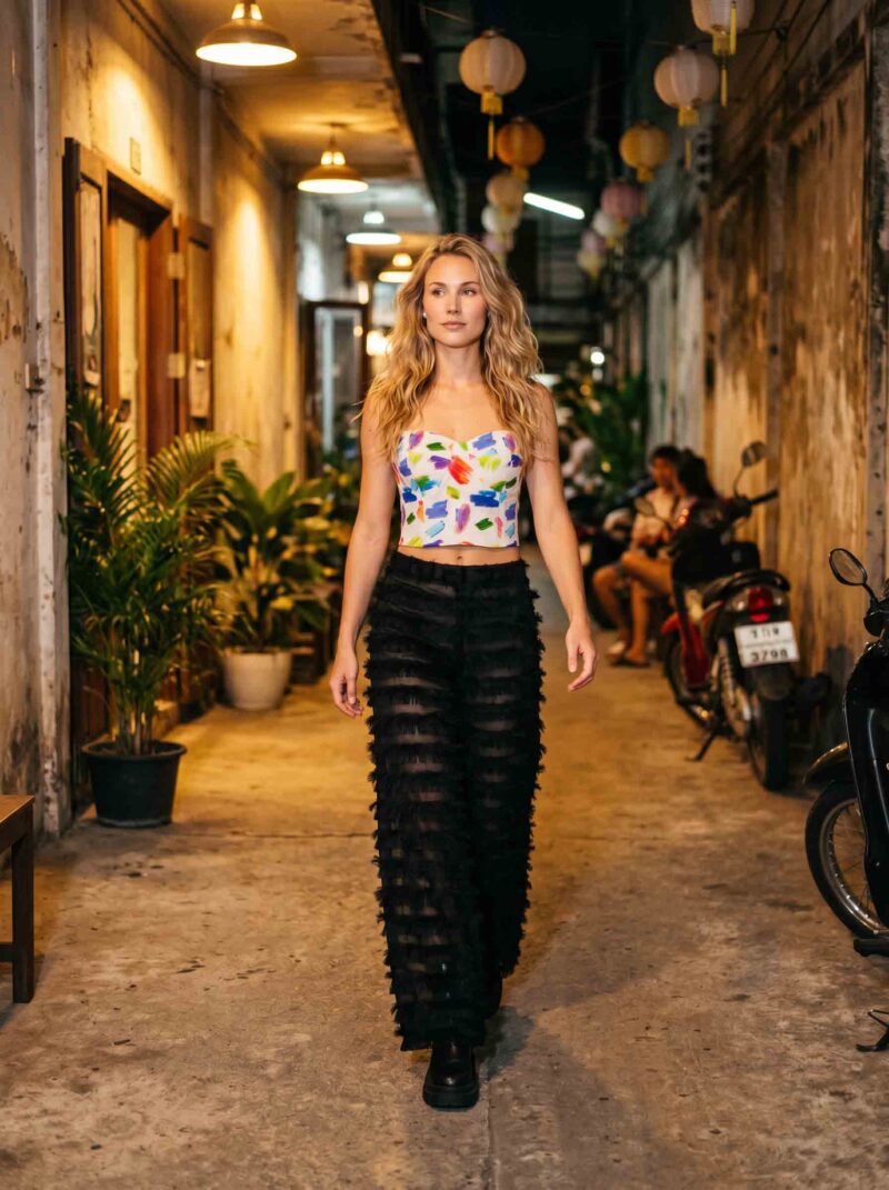 magnific_referenceinstruction-garm_8vN3P0jIrU Brushstroke Bloom Set — Corset Top & Noir Ruffle Wide-Leg Pants