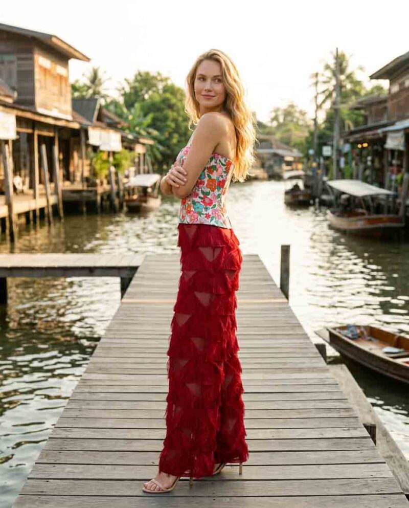 magnific_referenceinstruction-garm_BmNwEWeoQR Retro Floral Set — Corset Top & Red Fringe Wide-Leg Pants