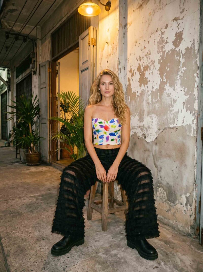 magnific_referenceinstruction-garm_SOtvhhtUb8 Brushstroke Bloom Set — Corset Top & Noir Ruffle Wide-Leg Pants