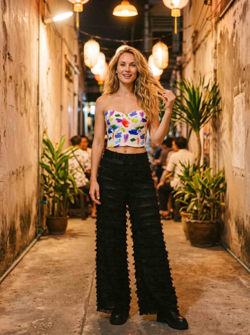 magnific_referenceinstruction-garm_TeS74MmVNR Brushstroke Bloom Set — Corset Top & Noir Ruffle Wide-Leg Pants