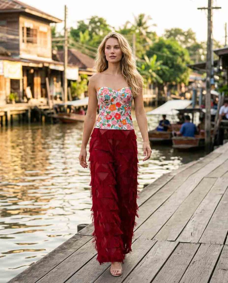 magnific_referenceinstruction-garm_jSoTj5uLD0 Retro Floral Set — Corset Top & Red Fringe Wide-Leg Pants