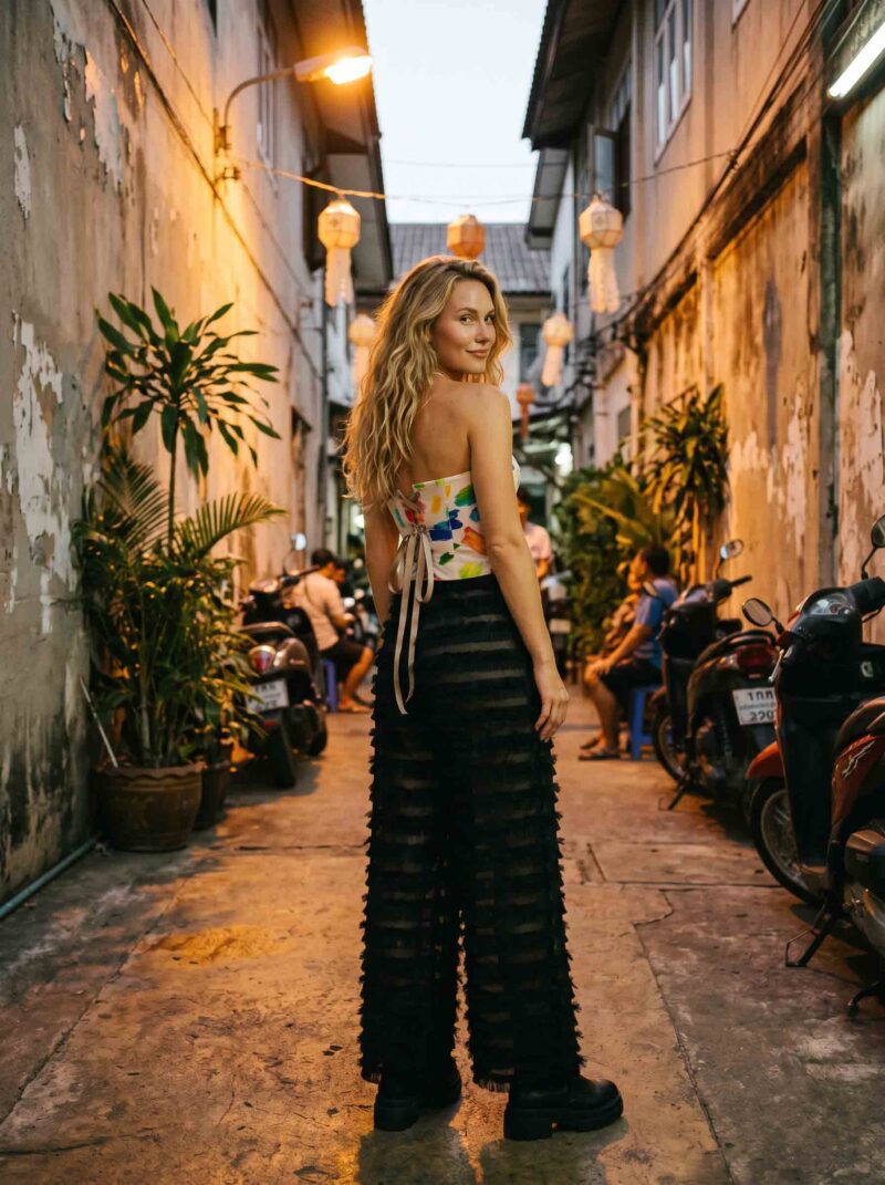 magnific_referenceinstruction-garm_kLDds3S16B Brushstroke Bloom Set — Corset Top & Noir Ruffle Wide-Leg Pants