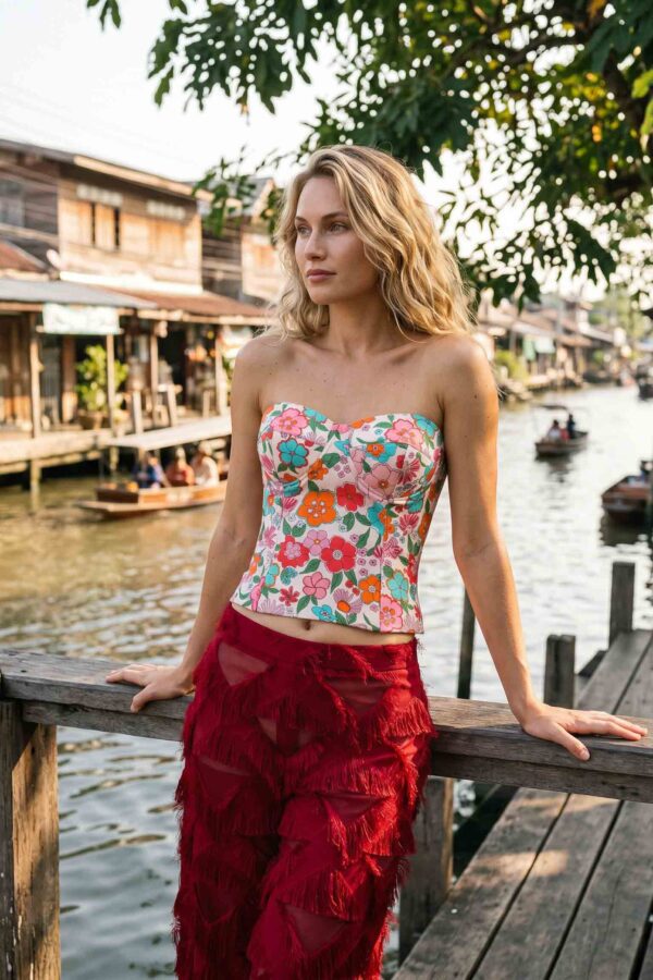 Retro Floral Set — Corset Top & Red Fringe Wide-Leg Pants