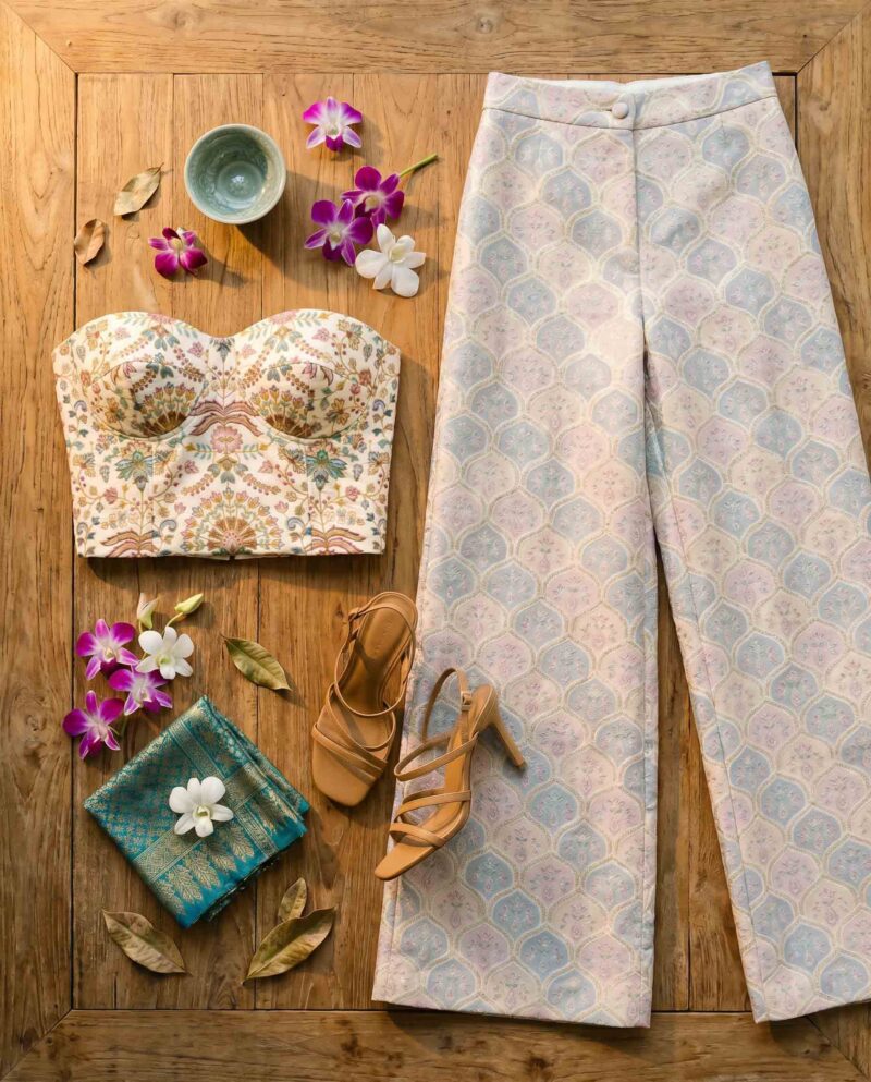 magnific_referenceinstruction-use-_2971773769 Ivory Peacock Set — Corset Top & Pearl Shell Wide-Leg Pants