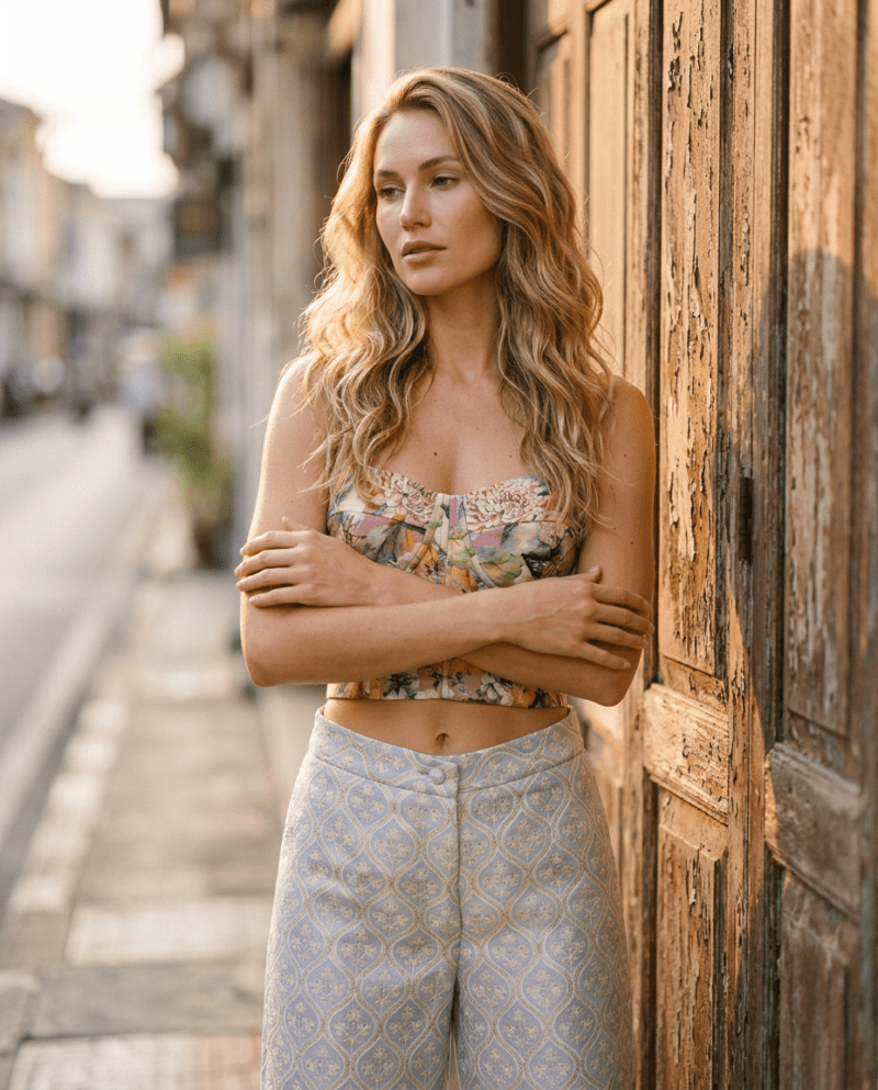 magnific_referenceinstruction-use-_2999302999 Floral Mist Set — Corset Top & Pearl Damask Wide-Leg Pants