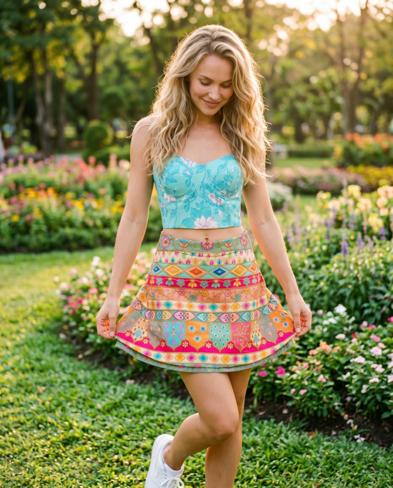 Teal Blossom Set — Corset Top & Fiesta Patchwork Mini Skirt