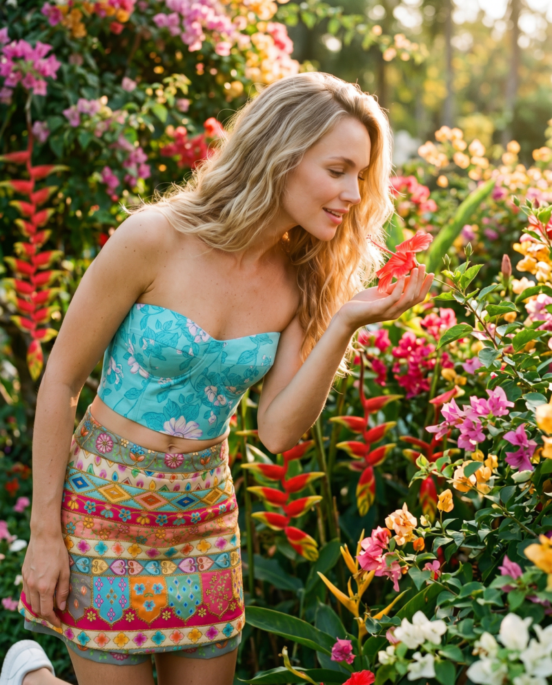 Teal Blossom Set — Corset Top & Fiesta Patchwork Mini Skirt