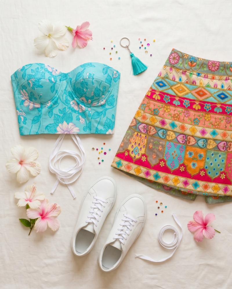 Teal Blossom Set — Corset Top & Fiesta Patchwork Mini Skirt