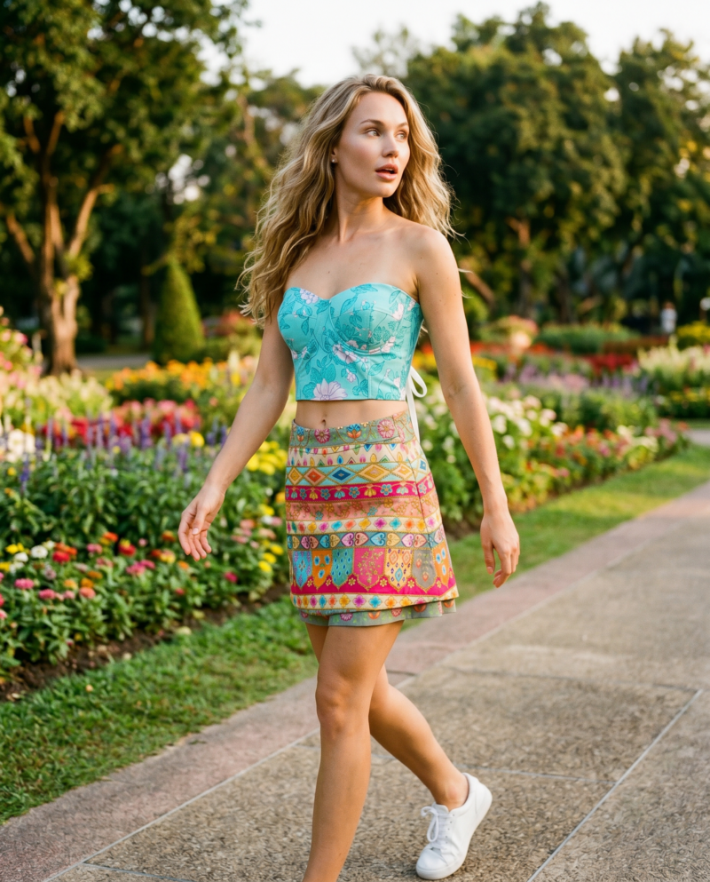 Teal Blossom Set — Corset Top & Fiesta Patchwork Mini Skirt
