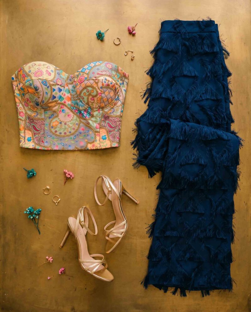 Mosaic Paisley Set — Corset Top & Navy Fringe Wide-Leg Pants