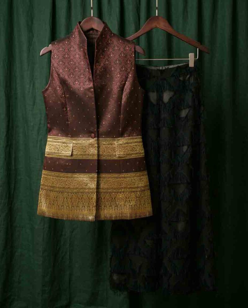Burgundy Golden Border Set — Thai Silk Vest & Black Diamond Fringe Pants
