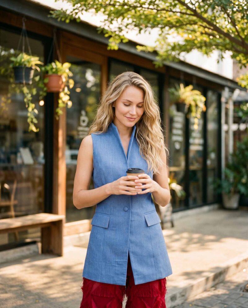 magnific_referenceinstruction-garm_43LnKEI9Aa Blue Chambray Set — Longline Vest & Crimson Fringe Pants