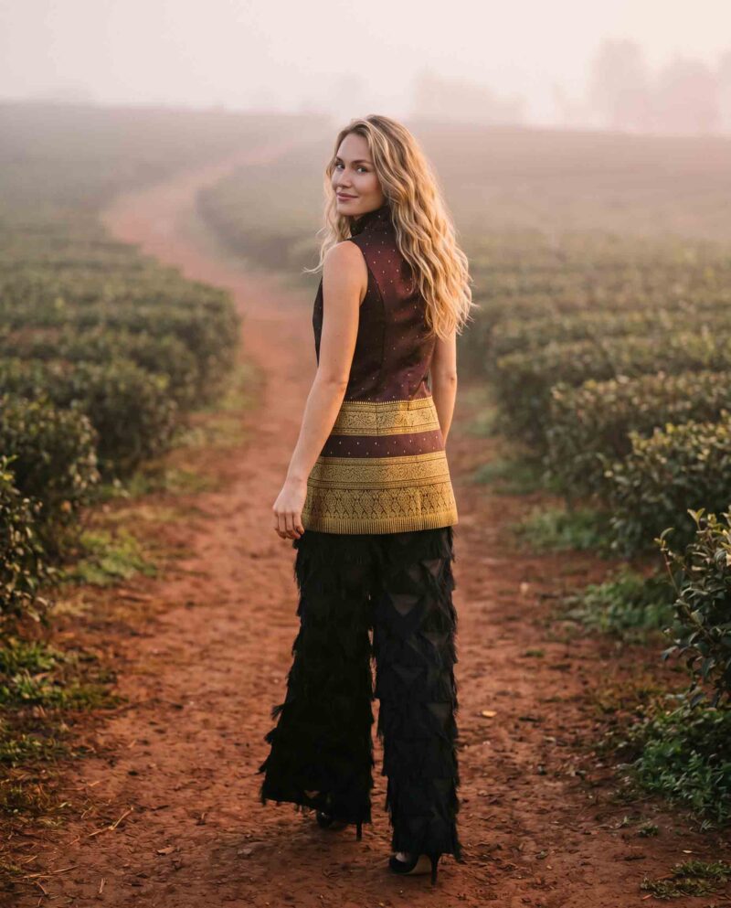 Burgundy Golden Border Set — Thai Silk Vest & Black Diamond Fringe Pants