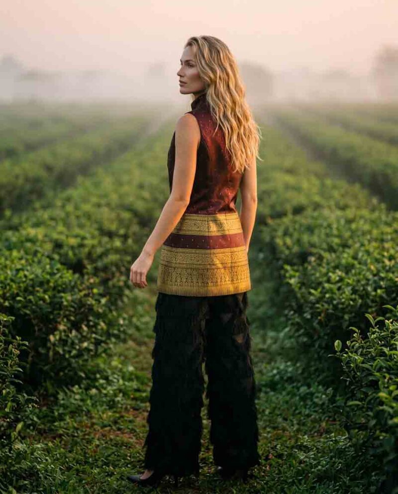 Burgundy Golden Border Set — Thai Silk Vest & Black Diamond Fringe Pants