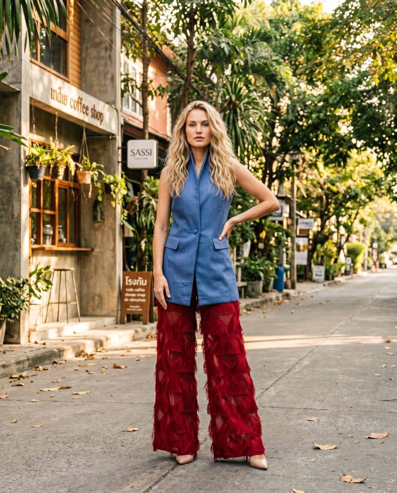 magnific_referenceinstruction-garm_EqXU8MVuuO Blue Chambray Set — Longline Vest & Crimson Fringe Pants