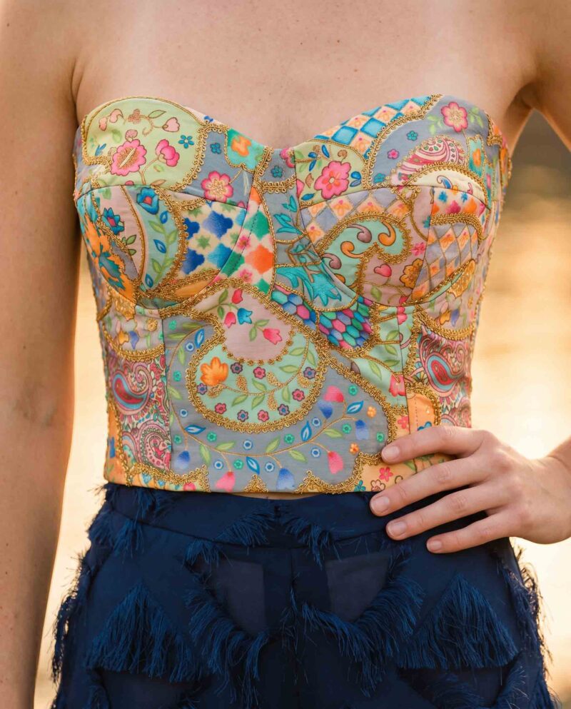 Mosaic Paisley Set — Corset Top & Navy Fringe Wide-Leg Pants