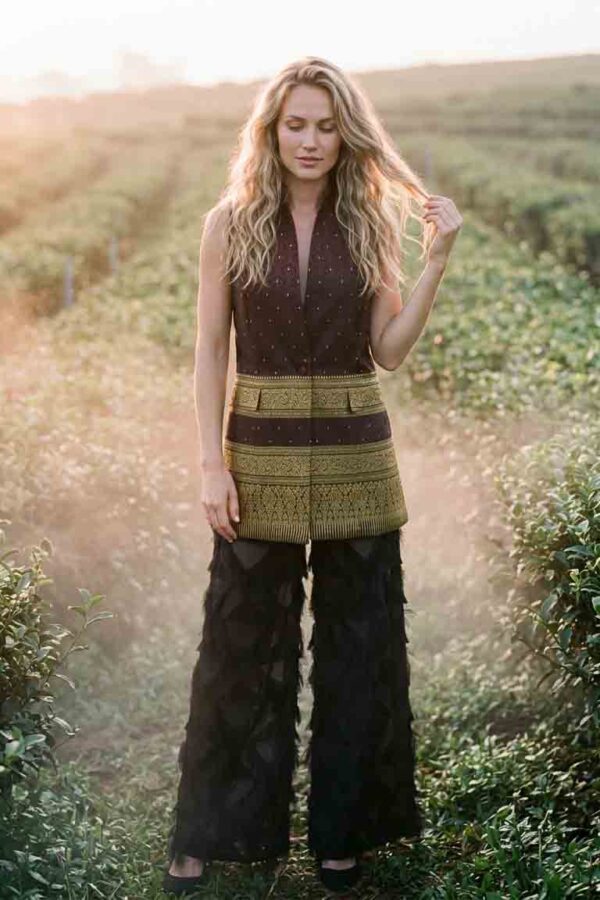 magnific_referenceinstruction-garm_KjhE5rskqp Burgundy Golden Border Set — Thai Silk Vest & Black Diamond Fringe Pants