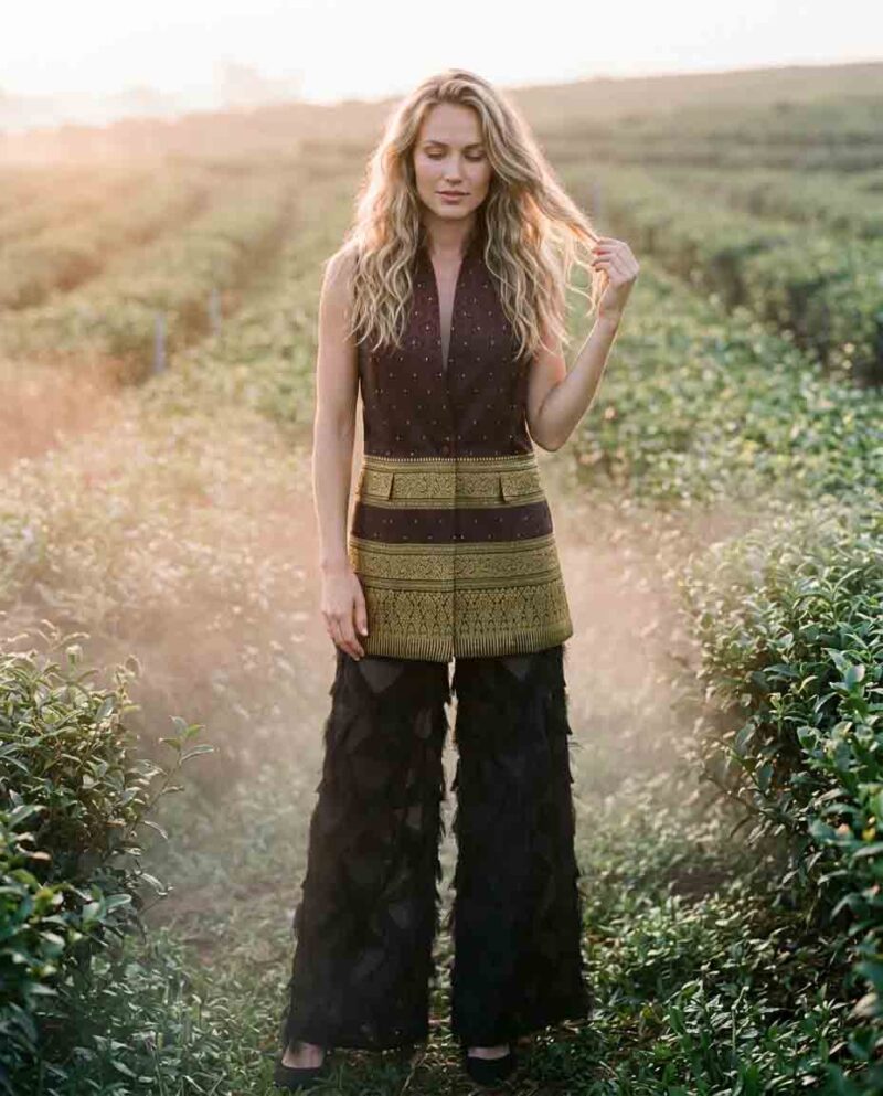 Burgundy Golden Border Set — Thai Silk Vest & Black Diamond Fringe Pants