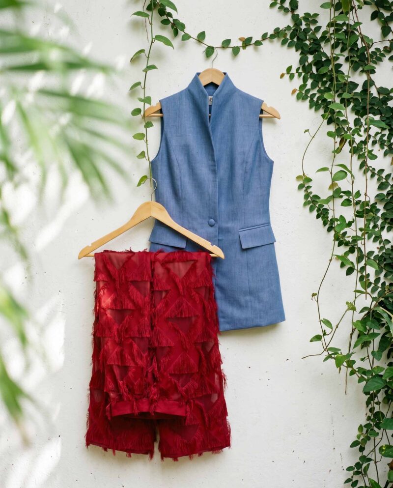 magnific_referenceinstruction-garm_Kjv9hFMkqp Blue Chambray Set — Longline Vest & Crimson Fringe Pants